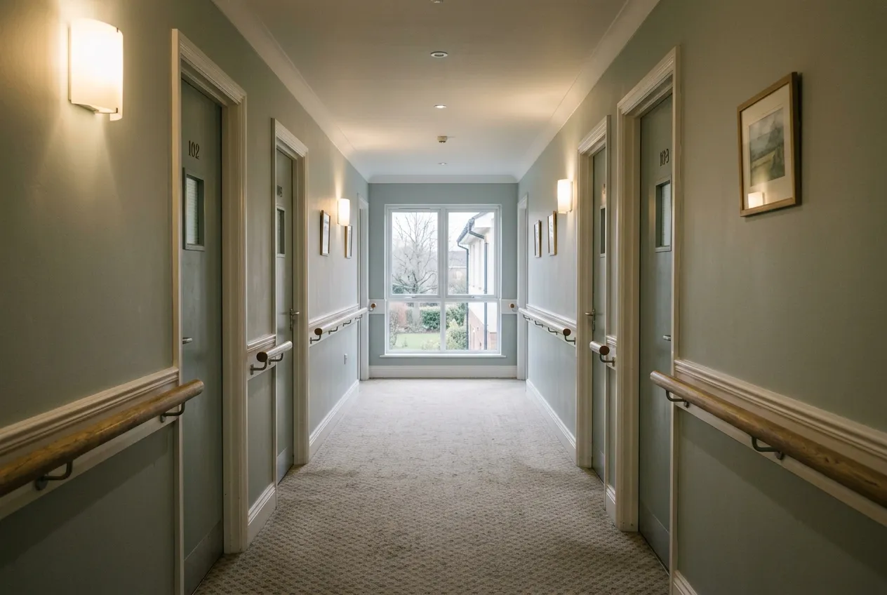 An empty care home corridor with handrails, soft warm lighting and doors to rooms.