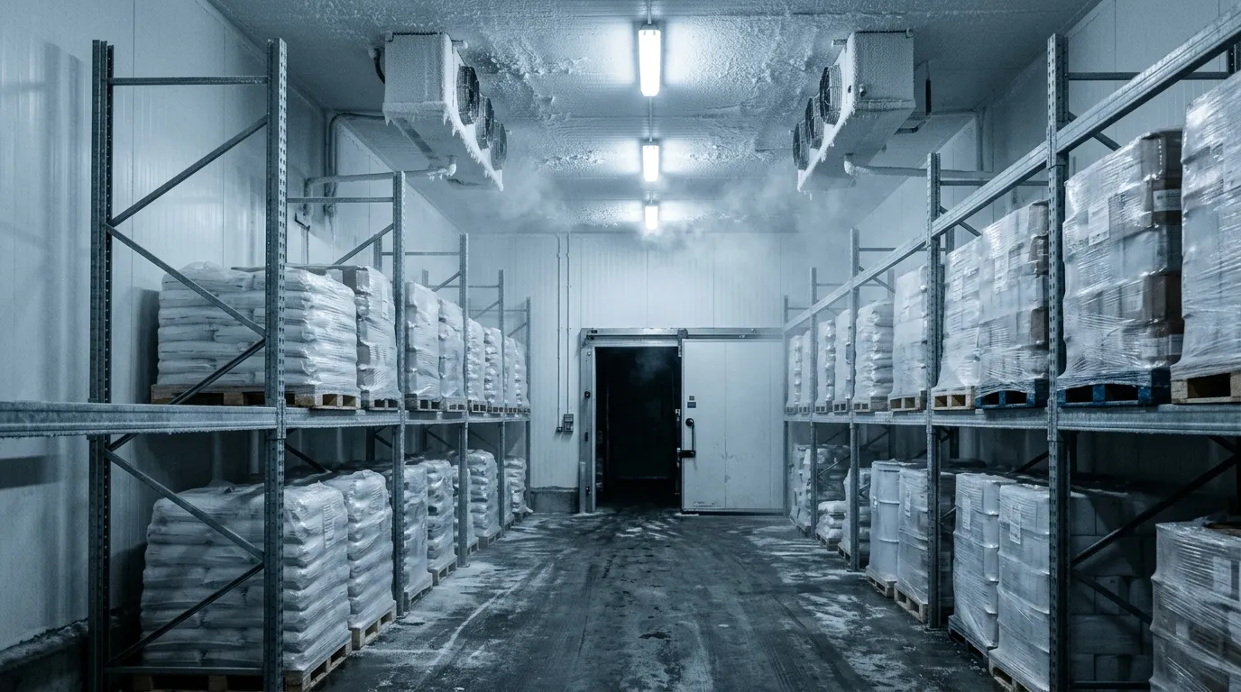 The interior of a refrigerated cold store, with racking, frost on the surfaces and sealed light fittings overhead.