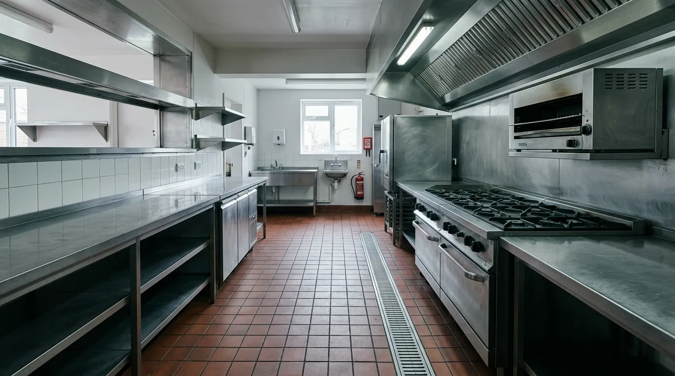 An empty stainless steel commercial kitchen with a large extraction canopy overhead.