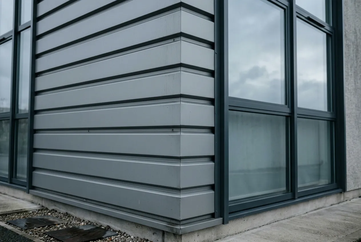 A detail of a commercial building facade, showing cladding and glazing in grey overcast light.