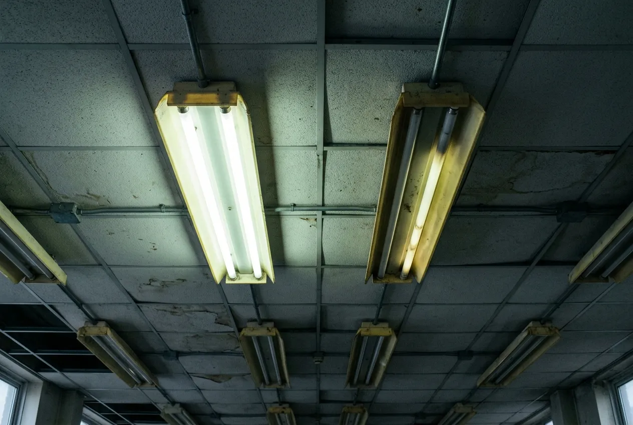 Dated twin fluorescent batten fittings on the ceiling of an older commercial building.