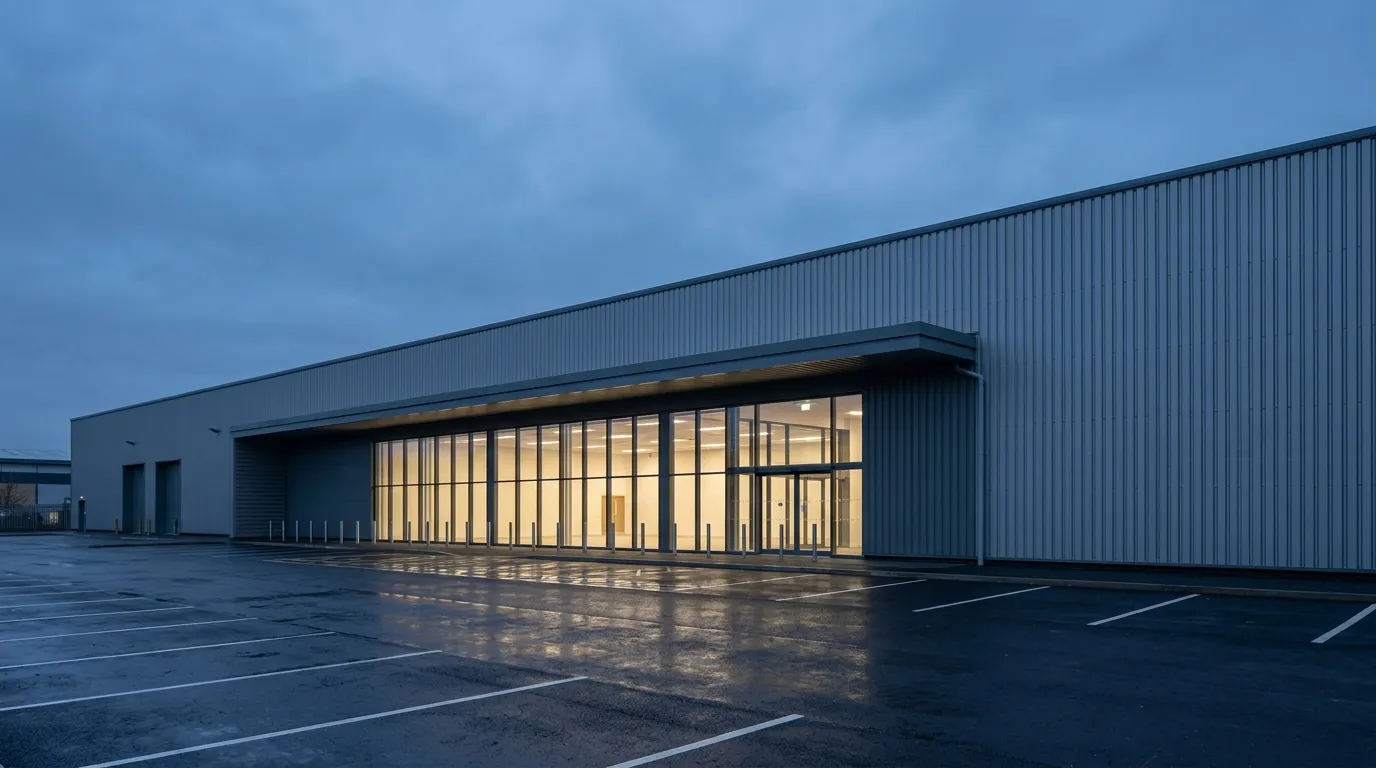A modern British commercial and industrial building at dusk, with interior lighting visible through the glazing.