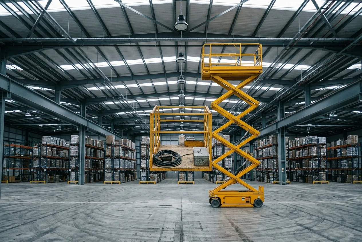 A scissor lift raised to roof level inside a warehouse, positioned beneath a row of high bay light fittings.