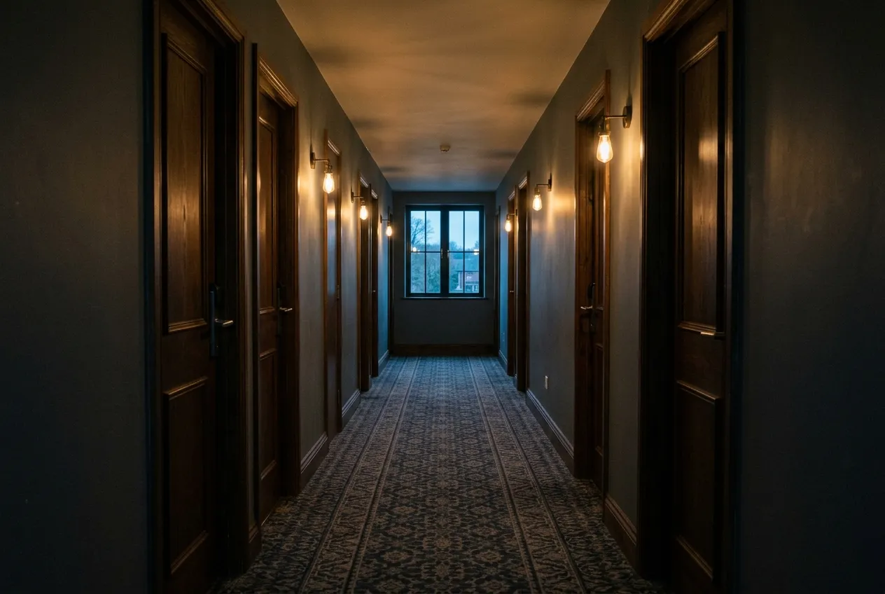 An empty hotel bedroom corridor with warm low-level lighting and a long run of doors.
