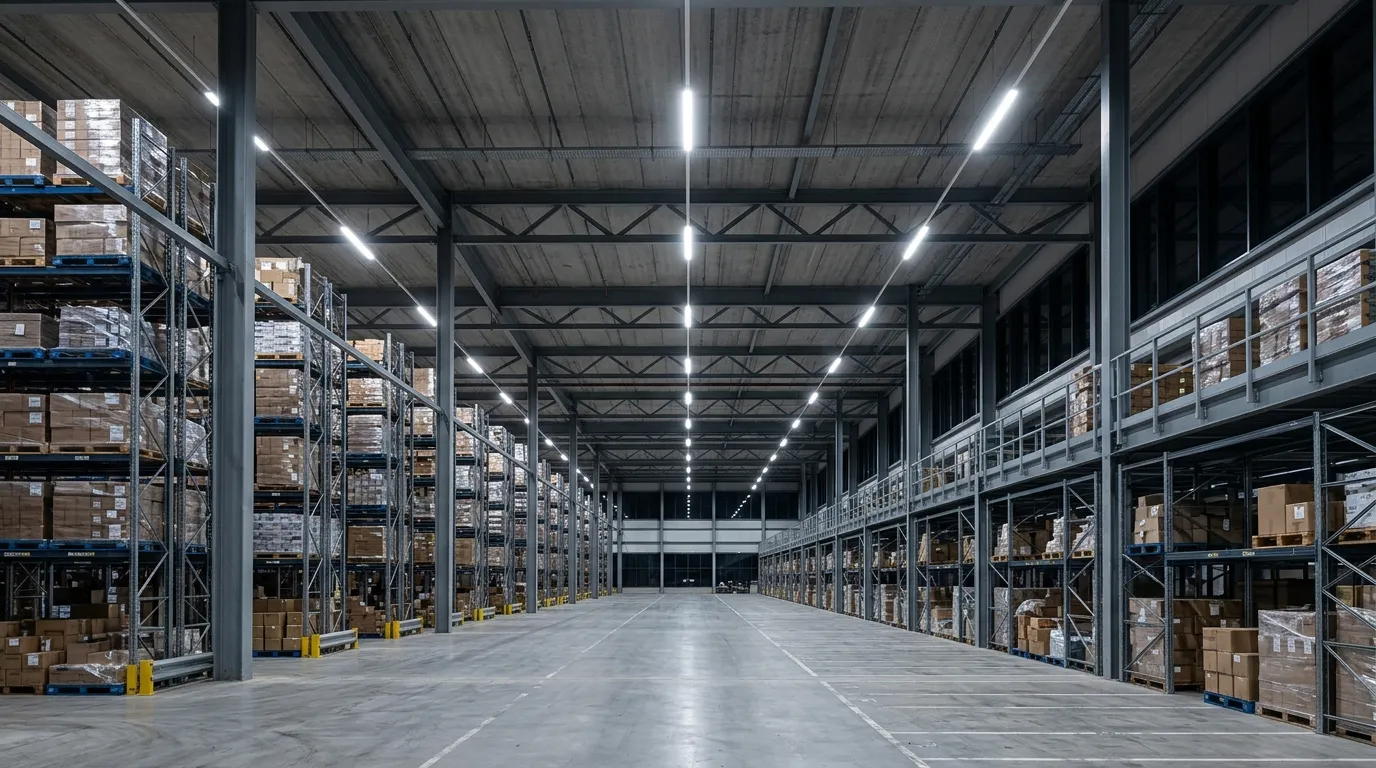 A large warehouse interior lit by modern LED high bay fittings suspended from the roof structure.