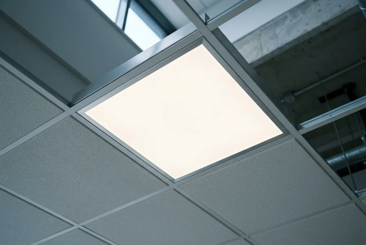 A close view of a modern recessed LED panel lit in a suspended office ceiling grid.