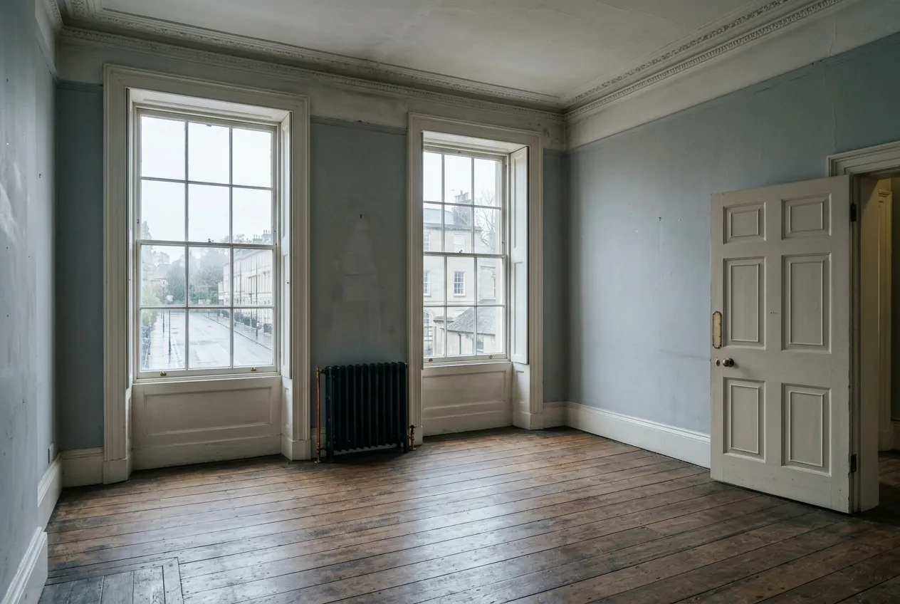 The interior of a listed commercial building with sash windows, cornicing and period features.