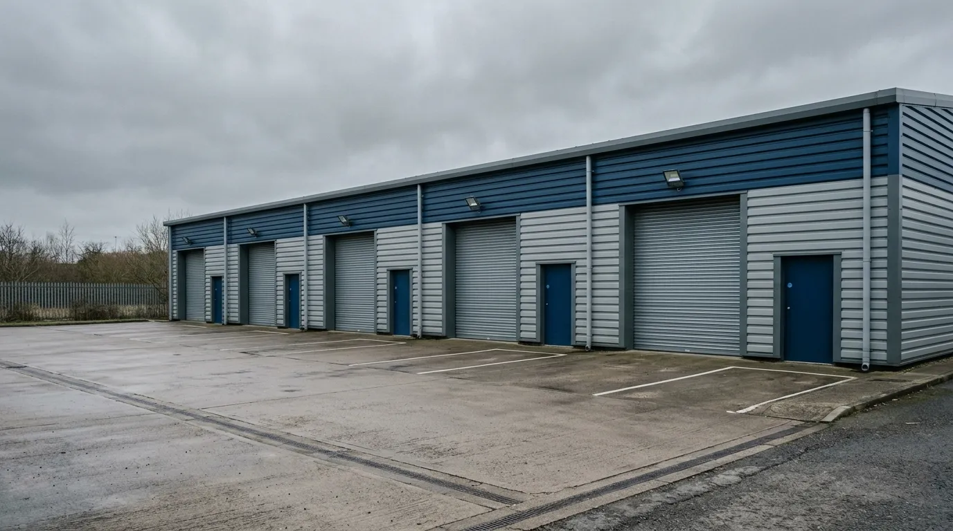 A terrace of small multi-let industrial units with roller shutter doors and a shared concrete yard.