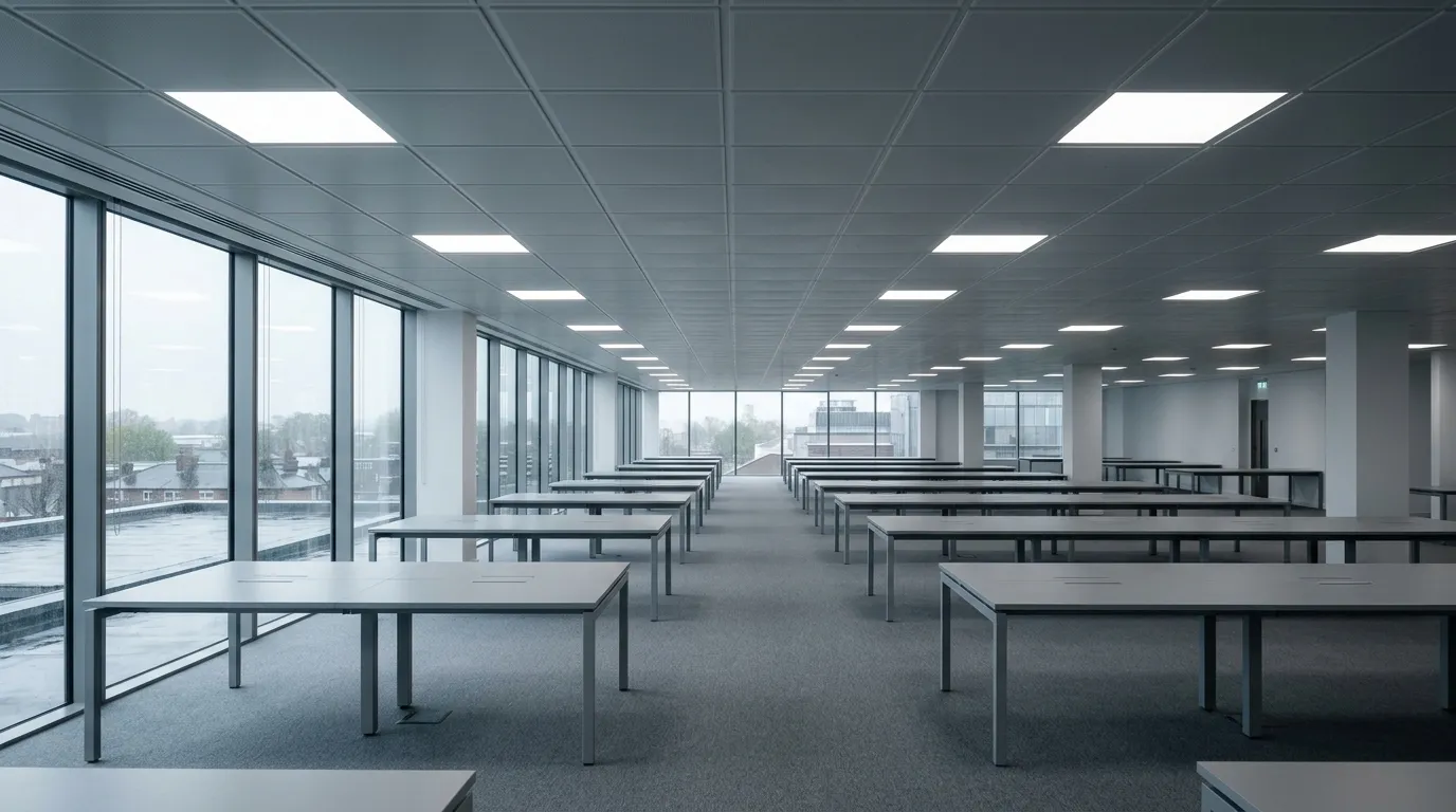 An empty open plan office with a suspended ceiling grid of recessed LED panels and daylight along the window perimeter.