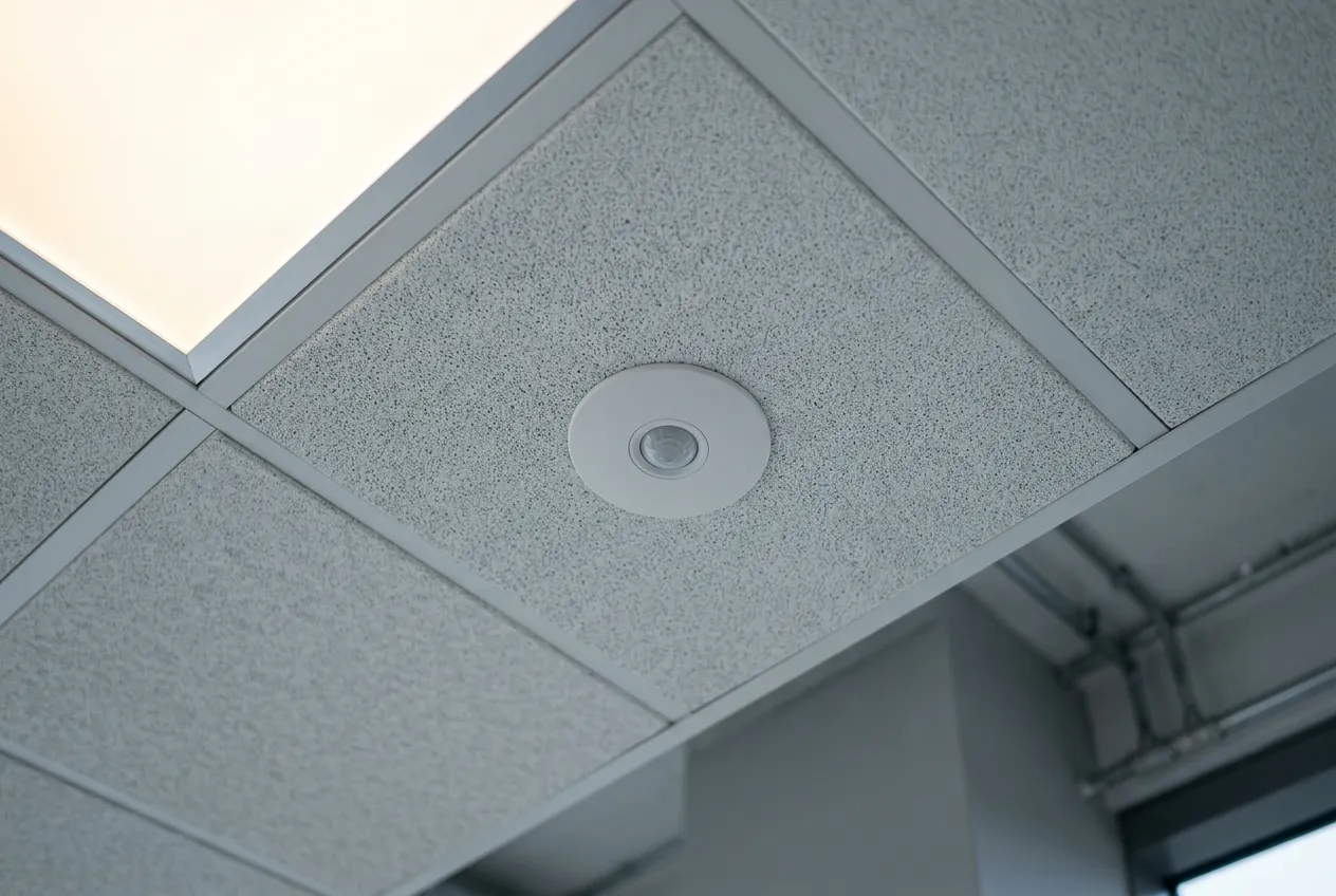 A ceiling mounted occupancy sensor set into an office ceiling tile beside a recessed light panel.