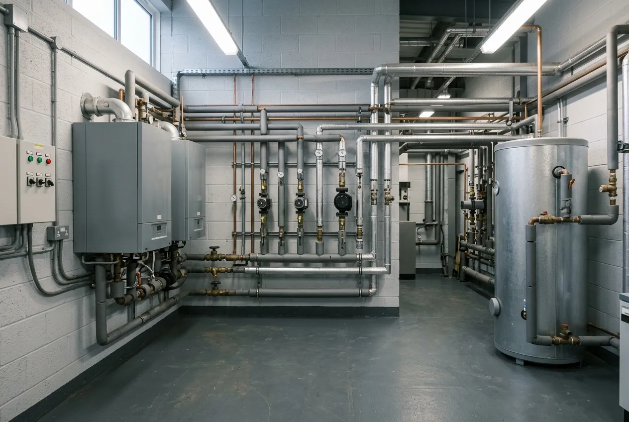 A commercial plant room with boilers, insulated pipework and valves.