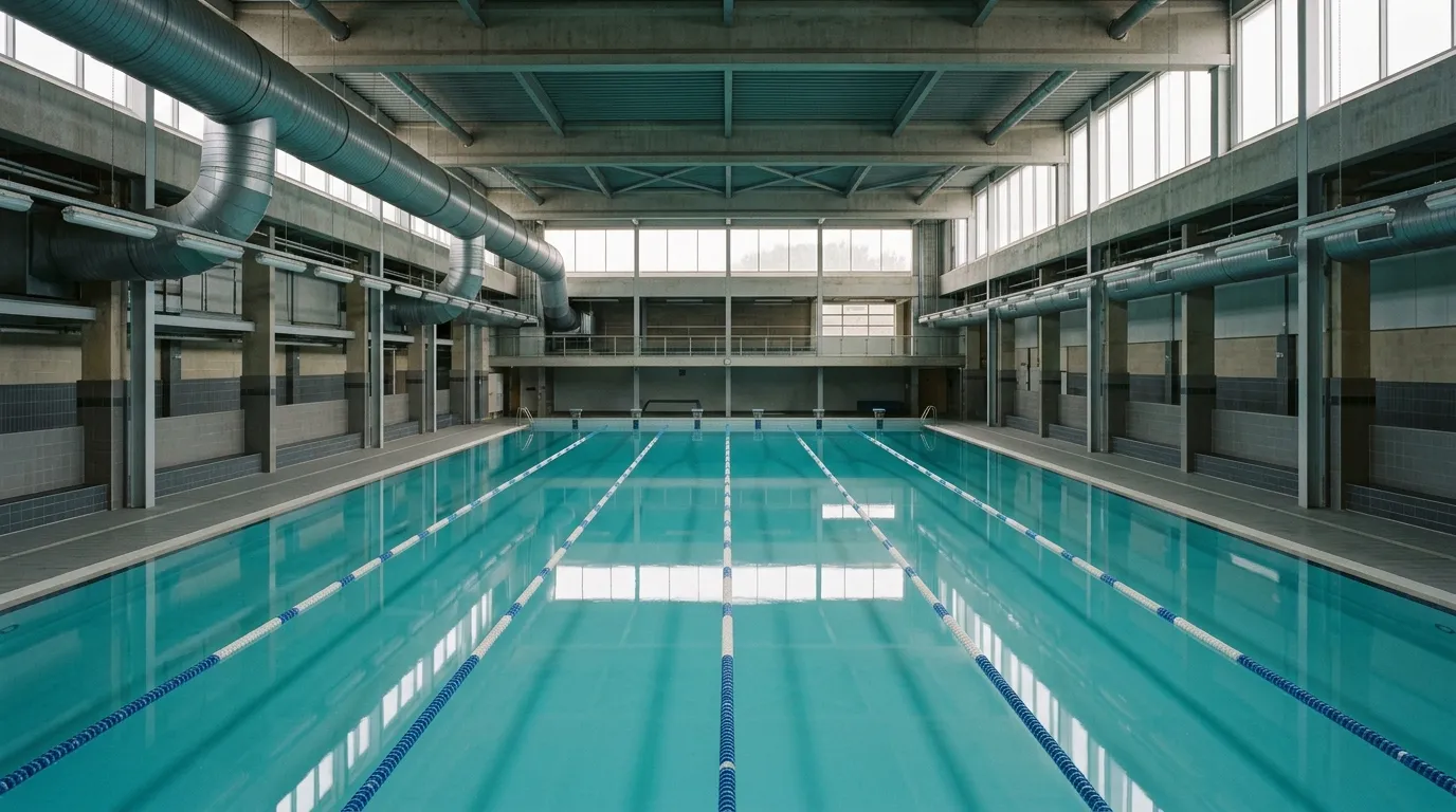 An empty indoor swimming pool hall with still water, a high ceiling and large ventilation ducts.