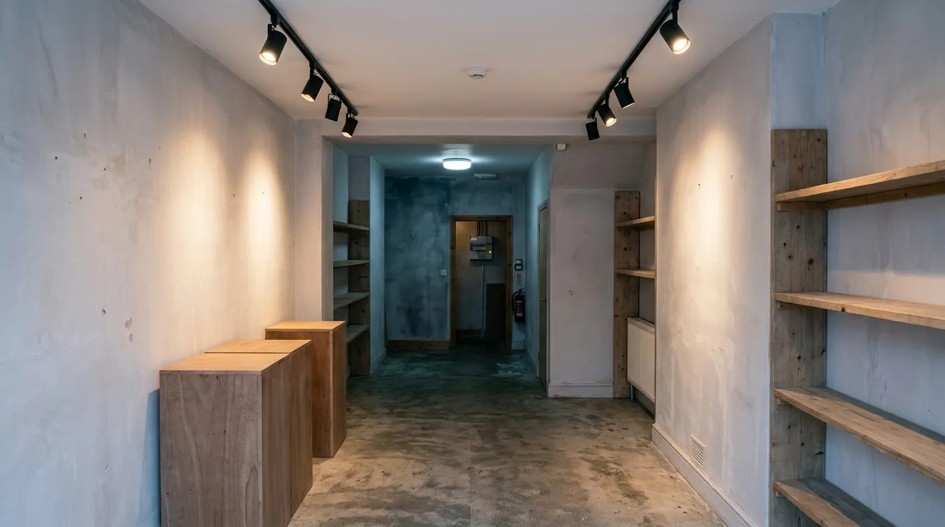 An empty small retail unit, with brighter display lighting toward the shopfront and dimmer ambient lighting at the rear.