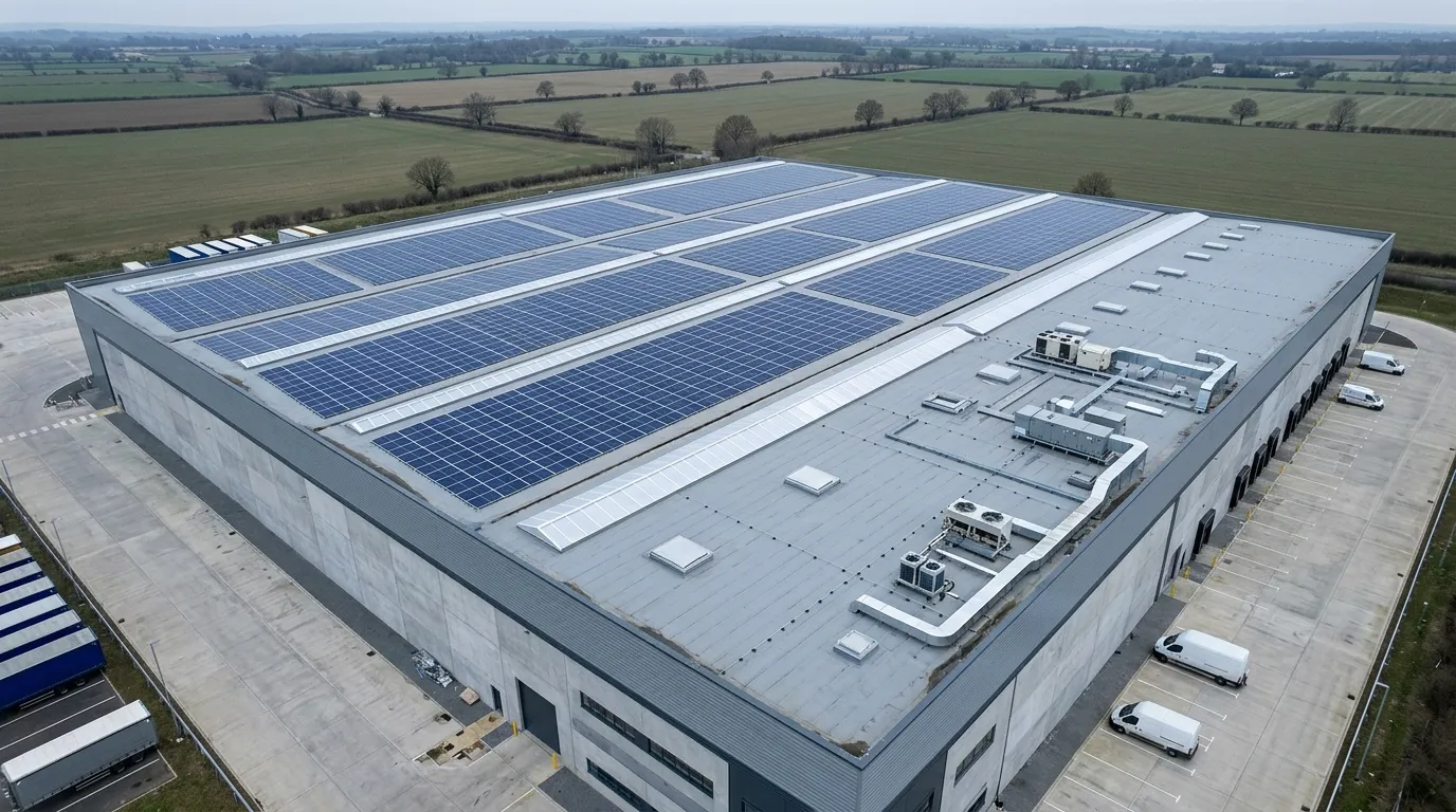 An aerial view of a solar array covering part of the flat roof of a large commercial building.