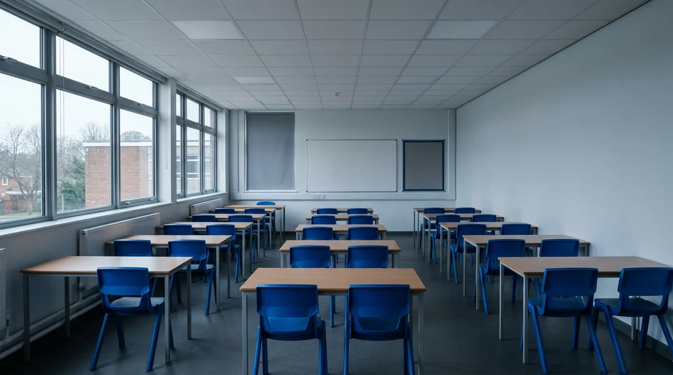 An empty school classroom with large windows, a suspended ceiling and rows of desks.