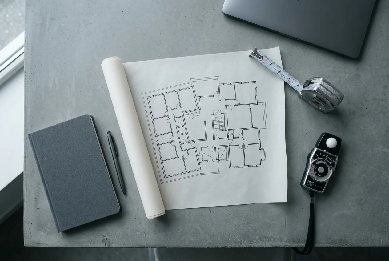 A building floor plan on a desk with a measuring tape, a light meter and a laptop, with nobody present.