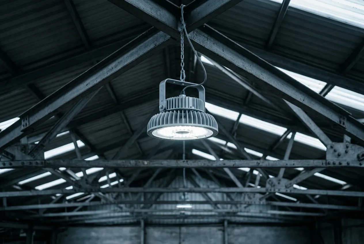 A modern LED high bay light fitting suspended from a warehouse roof structure.