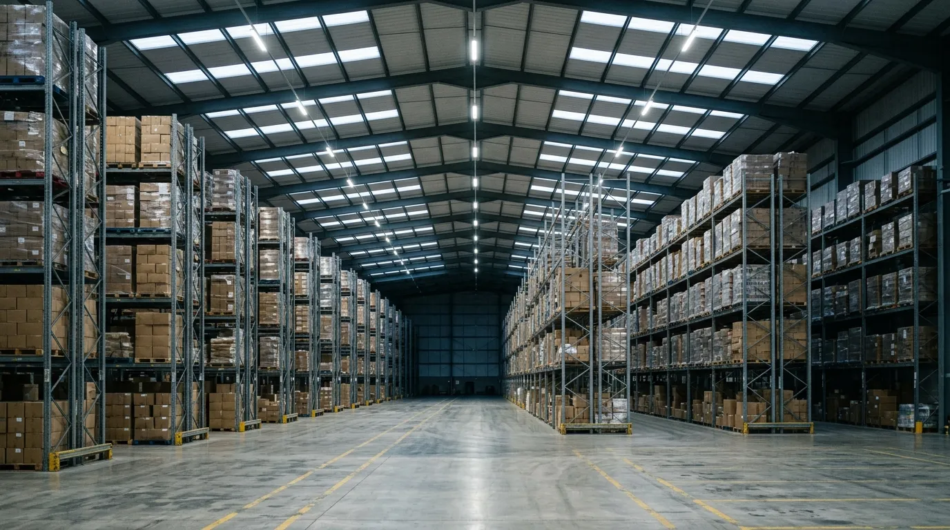 The interior of an empty distribution warehouse, with high racking either side of a lit aisle and high bay fittings far overhead.