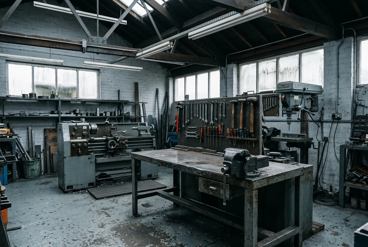 An empty engineering workshop with benches, machines and a low roof with lighting above.